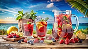 Refreshing summer fruit punch on a tropical beach. Generative AI