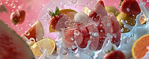 Refreshing Summer Fruits Immersed in Crystal Clear Sparkling Water with Bubbles and Splashes