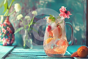 Refreshing summer iced lemonade in pitcher. Cold detox water with fruits. Generative AI