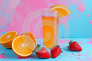 Refreshing summer lemonade with strawberry, orange and lemon. trend of drink and beverages, healthy mixed vegetable fruit.abstract