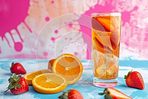 Refreshing summer lemonade with strawberry, orange and lemon. trend of drink and beverages, healthy mixed vegetable fruit.abstract