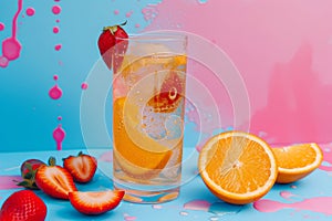 Refreshing summer lemonade with strawberry, orange and lemon. trend of drink and beverages, healthy mixed vegetable fruit.abstract