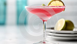 Refreshing summer margarita with lime, strawberry, and maraschino cherry garnish generated by AI