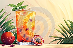 Refreshing summer passion fruit cocktail with ice, suitable for drink menus and summer promotions. photo