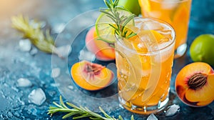 Refreshing summer peach cocktail with lime and rosemary