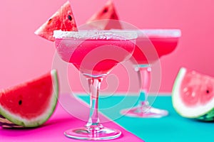 Refreshing summer watermelon cocktails. Glasses rimmed with sugar filled with a pink watermelon drink. Generative AI