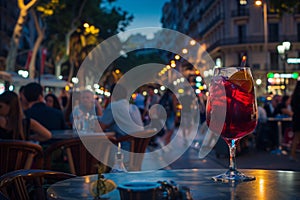 Refreshing Tinto de Verano Cocktail with Barcelona\'s Bustling Street Life Perfect for Summer and Lifestyle Themes
