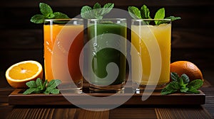 Refreshing Trio of Fresh Fruit Juices Served on a Rustic Wooden Tray, Garnished with Mint Leaves and Orange Slices