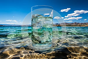 Refreshing tropical beverage in glass by the sea on beach vacation, summer refreshment concept