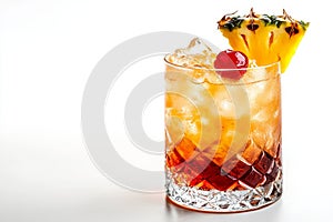 Refreshing Tropical Cocktail on Ice with Pineapple Wedge and Cherry, Isolated on White Background