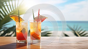 Refreshing tropical cocktails served with a backdrop of ocean.AI Generated