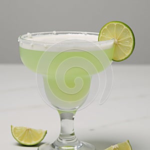 A refreshing and tropical summer cocktail featuring a creamy lime margarita with salt rim photo