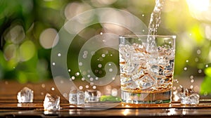 Refreshing water being poured into a glass with ice cubes