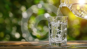 Refreshing water being poured into a glass over a blurred background of green leaves