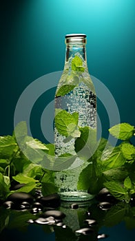 Refreshing water in a bottle, garnished with ice cubes and fresh mint leaves