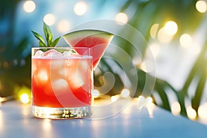 Refreshing watermelon cocktail with ice and mint on a sunny tropical background