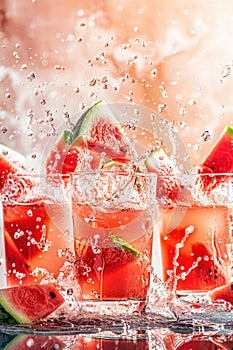 Refreshing Watermelon Cocktail with Splash on Pink Background