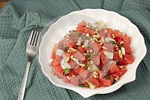 Refreshing watermelon, cucumber and mint salad.