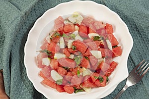 Refreshing watermelon, cucumber and mint salad.