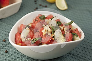 Refreshing watermelon, cucumber and mint salad.