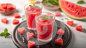 Refreshing watermelon slush with mint in glasses on white background