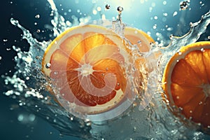 Refreshing Whole splashed oranges cinematic. Generate ai