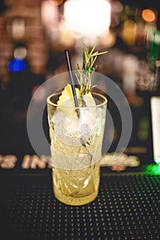 Refreshment alcoholic cocktail drink at local bar. Gin and lime cocktail with rosemary and ice served cold