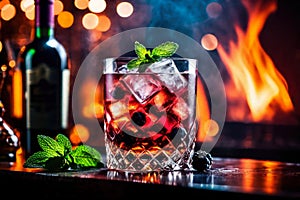 Refreshment alcoholic cocktail with ice, mint and berries in a bar, night club party with soft drinks, against the background of a