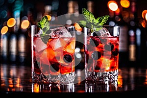 Refreshment alcoholic cocktail with ice, mint and berries in a bar, night club party with soft drinks, against the background of a