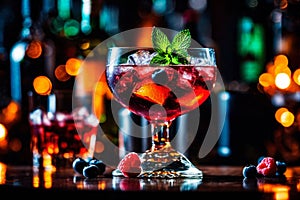 Refreshment alcoholic cocktail with ice, mint and berries in a bar, night club party with soft drinks, against the background of a