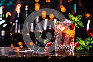 Refreshment alcoholic cocktail with ice, mint and berries in a bar, night club party with soft drinks, against the background of a