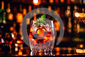 Refreshment alcoholic cocktail with ice, mint and berries in a bar, night club party with soft drinks, against the background of a