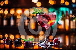 Refreshment alcoholic cocktail with ice, mint and berries in a bar, night club party with soft drinks, against the background of a