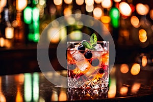 Refreshment alcoholic cocktail with ice, mint and berries in a bar, night club party with soft drinks, against the background of a