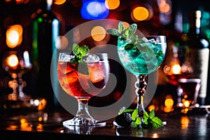 Refreshment alcoholic cocktail with ice, mint and berries in a bar, night club party with soft drinks, against the background of a