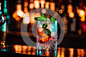 Refreshment alcoholic cocktail with ice, mint and berries in a bar, night club party with soft drinks, against the background of a