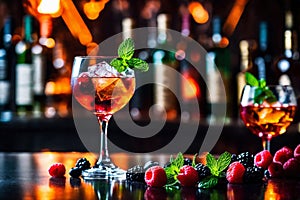 Refreshment alcoholic cocktail with ice, mint and berries in a bar, night club party with soft drinks, against the background of a