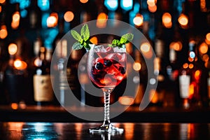 Refreshment alcoholic cocktail with ice, mint and berries in a bar, night club party with soft drinks, against the background of a