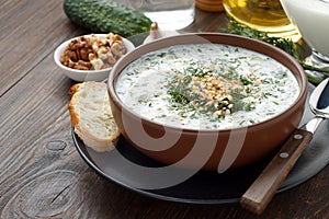 Refreshment bulgarian dish tarator in brown bowl on wooden table.