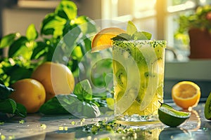 Refreshment drink with mint and citrus in a sunlit kitchen., Generated AI