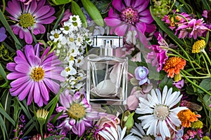 Refreshment extraction from a dainty feminine ambiance permeates whiff with decorative allure, showcasing olfactory essence photo