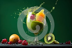 Refreshment fruit cocktail with orange, kiwi, grape, cherry, blueberry and mango splashes on green background, an explosion of