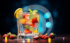 Refreshment multicolor fruit cocktail with ice, lemon and mint in a bar, night club party with soft drinks