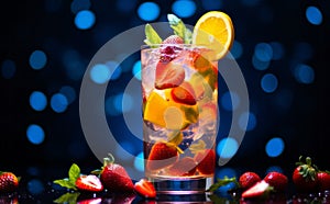 Refreshment multicolor fruit cocktail with ice, lemon and mint in a bar, night club party with soft drinks