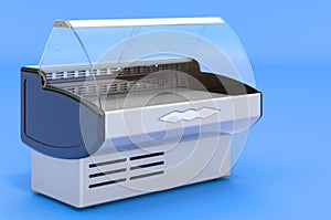 Refrigerated display case on blue backdrop, 3D rendering