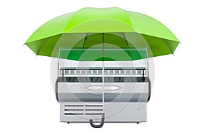 Refrigerated display case, showcase under umbrella. 3D rendering
