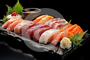 Refrigerated Set sashimi sushi. Generate Ai