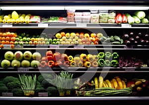 Refrigerated shelf with various ripe fresh organic fruits in supermarket.Macro.AI Generative