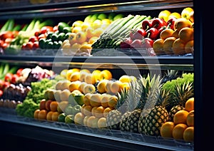 Refrigerated shelf with various ripe fresh organic fruits in supermarket.Macro.AI Generative