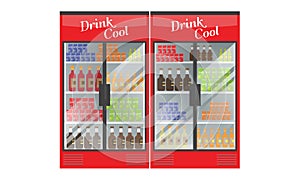 Refrigerated supermarket display case full with multiple drinks and beverages. Illustrated vector for your Mockup design